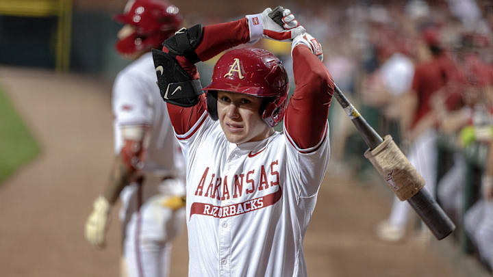 Arkansas Razorbacks outfielder Charles Davalan in the on-deck circle against the Texas A&M Aggies at Baum-Walker Stadium in Fayetteville, Ark. Arkansas Razorbacks outfielder Charles Davalan in the on-deck circle against the Texas A&M Aggies at Baum-Walker Stadium in Fayetteville, Ark.