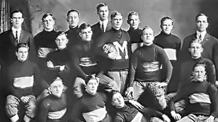 The 1913 Moline High School football team as it appeared in the school yearbook. This team scored 126 points in a victory and brought new attention to Henry Kelting's record set 11 years earlier. Kelting kicked a national record 27 extra-points in 170-0 win over Galva, for Moline..