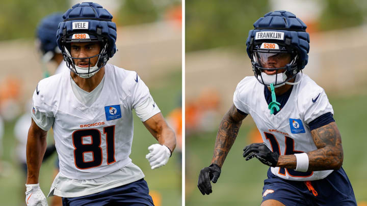 Denver Broncos rookie wide receivers Devaughn Vele (81) and Troy Franklin (16) at training camp. Denver Broncos rookie wide receivers Devaughn Vele (81) and Troy Franklin (16) at training camp.