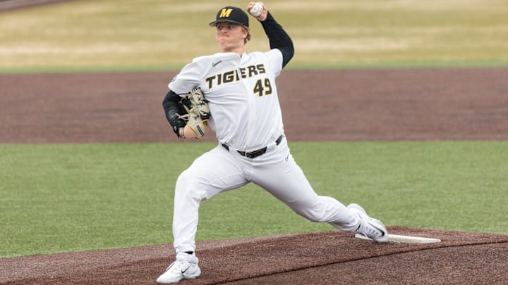 Mizzou reliever Tony Neubeck throws from the mound at Taylor Stadium against UAPB.