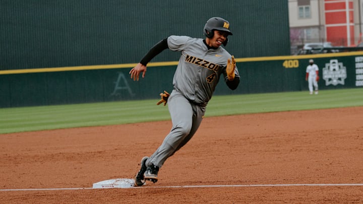 Mizzou Catcher Jedier Hernandez rounds third to score in the third inning against the Arkansas Razorbacks on April 5, 2025. Mizzou Catcher Jedier Hernandez rounds third to score in the third inning against the Arkansas Razorbacks on April 5, 2025.