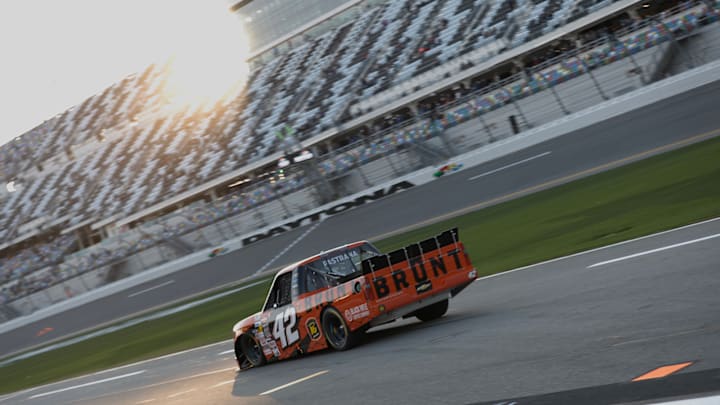 Travis Pastrana heads down pit road during NASCAR Craftsman Truck Series practice at Daytona International Speedway. Travis Pastrana heads down pit road during NASCAR Craftsman Truck Series practice at Daytona International Speedway.