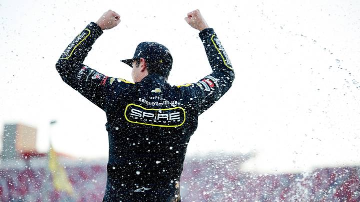 Sammy Smith, driver of the #7 Spectrum Chevrolet, celebrates after winning the NASCAR Craftsman Truck Series Love's RV Stop 225 at Talladega Superspeedway on October 23, 2026 in Talladega, Alabama. Sammy Smith, driver of the #7 Spectrum Chevrolet, celebrates after winning the NASCAR Craftsman Truck Series Love's RV Stop 225 at Talladega Superspeedway on October 23, 2026 in Talladega, Alabama.