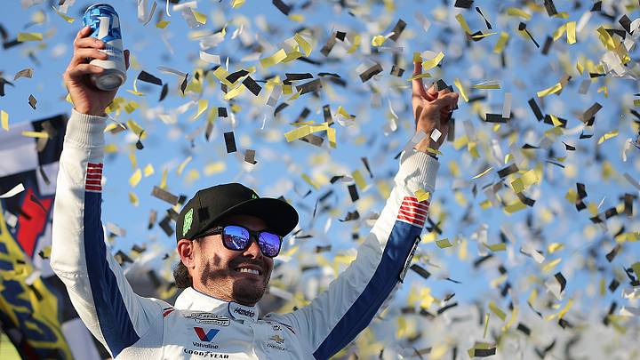 Kyle Larson, driver of the #5 HendrickCars.com Chevrolet, celebrates in victory lane after winning the NASCAR Cup Series YellaWood 500 at Talladega Superspeedway on October 25, 2026, in Talladega, Alabama. Kyle Larson, driver of the #5 HendrickCars.com Chevrolet, celebrates in victory lane after winning the NASCAR Cup Series YellaWood 500 at Talladega Superspeedway on October 25, 2026, in Talladega, Alabama.