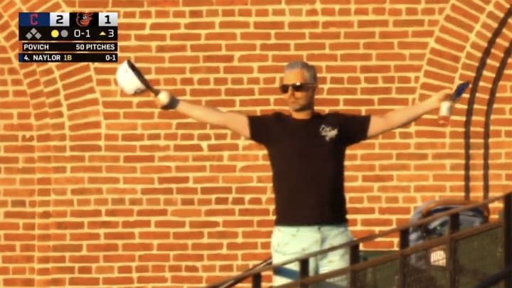 Orioles fan Tim Byer reacts after making a great catch in the stands at Camden Yards. Orioles fan Tim Byer reacts after making a great catch in the stands at Camden Yards.
