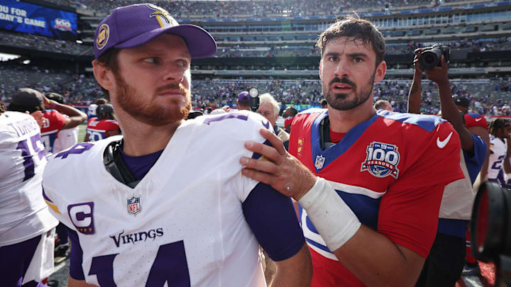 Darnold and Jones meet after a game between the Vikings and Giants
