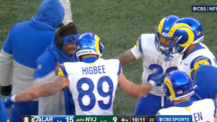 Tyler Higbee celebrates with Rams teammates after touchdown. Tyler Higbee celebrates with Rams teammates after touchdown.