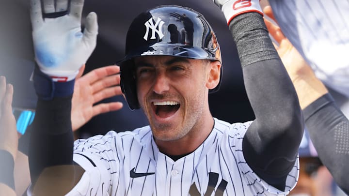Cody Bellinger of the New York Yankees celebrates after hitting a home run in the first inning against the Milwaukee Brewers at Yankee Stadium.