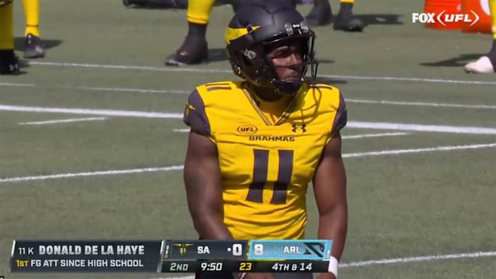 Donald De La Haye, known as "Deestroying" on social media, split the uprights on a field-goal attempt in San Antonio's season-opening game on Saturday.