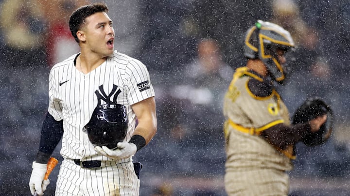 Anthony Volpe reacts after striking out swinging during the ninth inning against the Padres at Yankee Stadium on May 5.