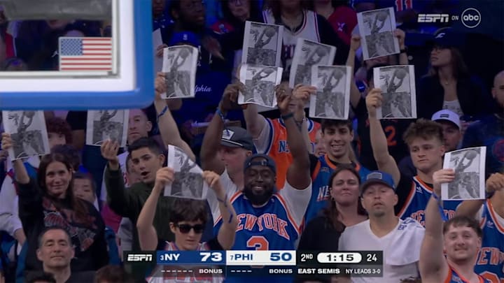 Knicks fans held up images of Mitchell Robinson dunking over Joel Embiid as the 76ers’ star shot free throws in the second quarter.