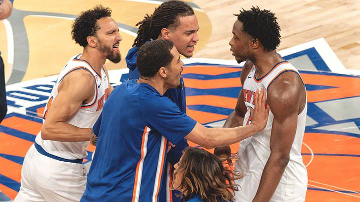 OG Anunoby (right) celebrates with teammates after his tip-in game-winner in Game 4 vs. the Spurs. OG Anunoby (right) celebrates with teammates after his tip-in game-winner in Game 4 vs. the Spurs.