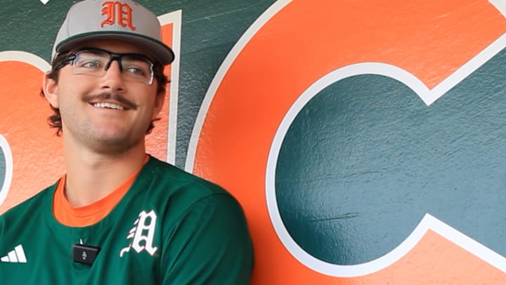 Miami Baseball starting pitcher Griffin Hugus answering questions during media day. 