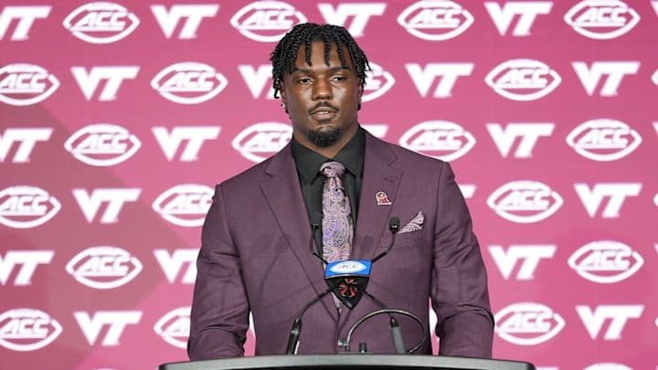 Jul 24, 2025; Charlotte, NC; Virginia Tech linebacker Jaden Keller answers questions from the media during ACC Kickoff.