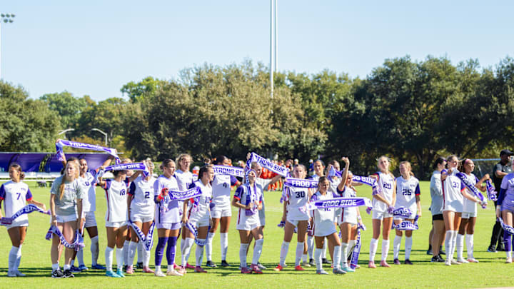 No. 14 TCU celebrates a 3-1 victory over the Oklahoma State Cowgirls on Sunday afternoon at Garvey-Rosenthal Soccer Stadium in Fort Worth, Texas. No. 14 TCU celebrates a 3-1 victory over the Oklahoma State Cowgirls on Sunday afternoon at Garvey-Rosenthal Soccer Stadium in Fort Worth, Texas.