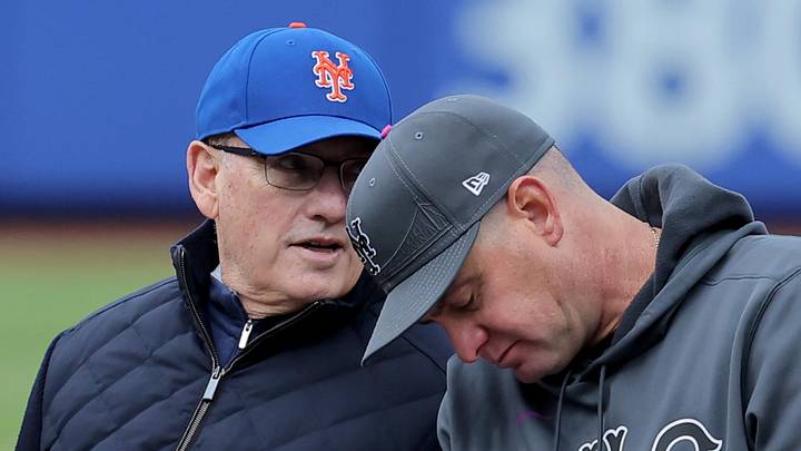 May 30, 2026; New York City, New York, USA; New York Mets owner Steve Cohen (left) speaks to manager Carlos Mendoza (64) during a Mets hall of fame induction ceremony before a game against the Miami Marlins at Citi Field. Mandatory Credit: Brad Penner-Imagn Images