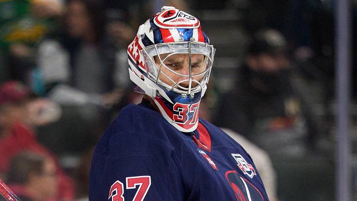 Oct 28, 2025; Saint Paul, Minnesota, USA; Winnipeg Jets goaltender Connor Hellebuyck (37) watches players line up for the faceoff in the second period against the Minnesota Wild at Grand Casino Arena. Mandatory Credit: Matt Blewett-Imagn Images