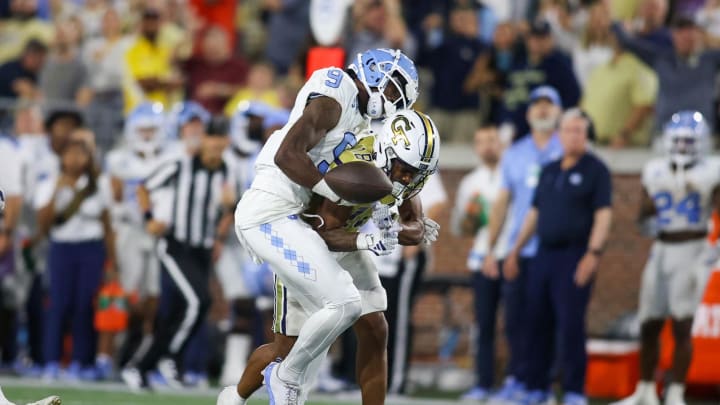 Oct 28, 2023; Atlanta, Georgia, USA; North Carolina Tar Heels wide receiver Devontez Walker (9) is Oct 28, 2023; Atlanta, Georgia, USA; North Carolina Tar Heels wide receiver Devontez Walker (9) is