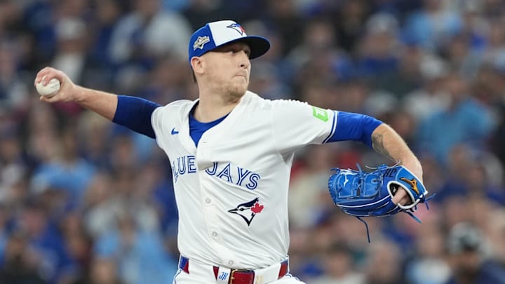 Oct 20, 2025; Toronto, Ontario, CAN; Toronto Blue Jays pitcher Jeff Hoffman (23) throws in the ninth inning against the Seattle Mariners during game seven of the ALCS round for the 2025 MLB playoffs at Rogers Centre.