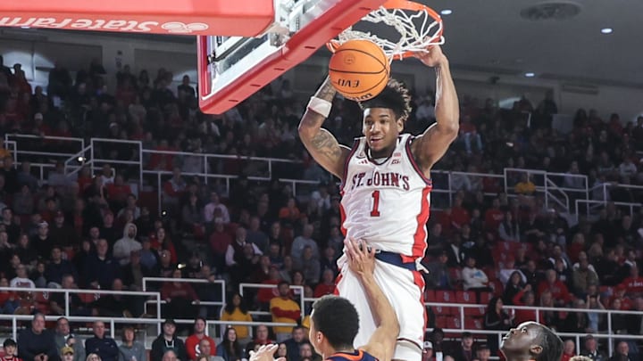 Nov 20, 2025; Queens, New York, USA; St. John's basketball forward Dillon Mitchell (1) dunks in the second half against the Bucknell Bison at Carnesecca Arena. 