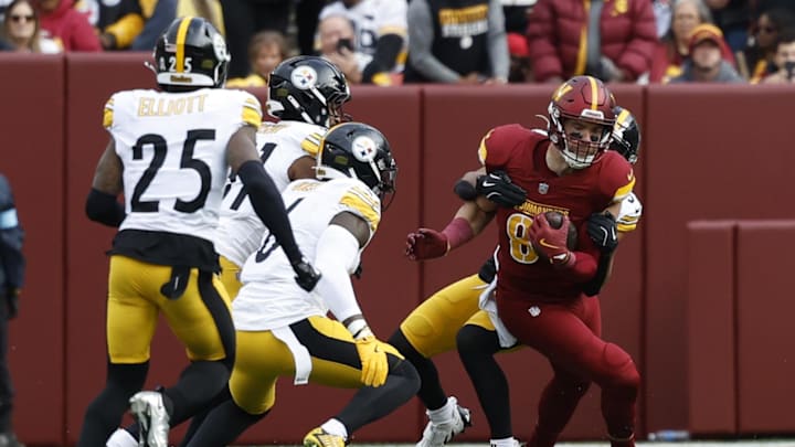 Nov 10, 2024; Landover, Maryland, USA; Washington Commanders tight end Zach Ertz (86) is tackled by Pittsburgh Steelers safety Minkah Fitzpatrick (39) during the first half at Northwest Stadium. Mandatory Credit: Geoff Burke-Imagn Images Nov 10, 2024; Landover, Maryland, USA; Washington Commanders tight end Zach Ertz (86) is tackled by Pittsburgh Steelers safety Minkah Fitzpatrick (39) during the first half at Northwest Stadium. Mandatory Credit: Geoff Burke-Imagn Images