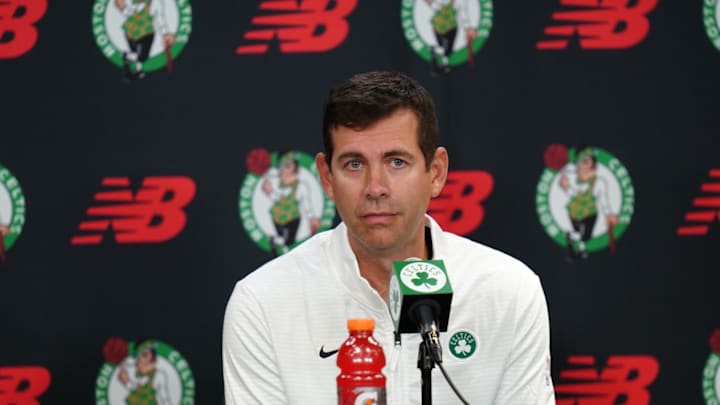 Sep 24, 2024; Boston, MA, USA;  Boston Celtics general manager Brad Stevens talks to reporters during media day at Auerbach Center. Mandatory Credit: David Butler II-Imagn Images