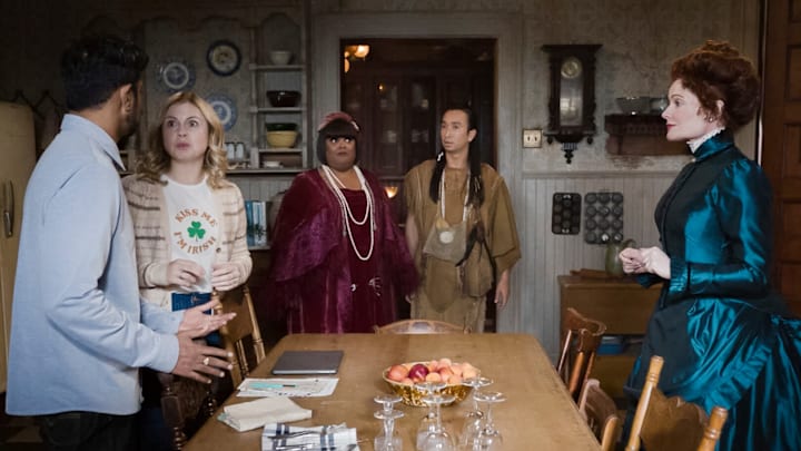 “St. Hetty’s Day” – Hetty’s ghost power is revealed when Jay’s cousin Sunil visits Woodstone Mansion on St. Patrick’s Day, on the CBS Original series GHOSTS, Thursday, March 13 (8:31-9:01 PM, ET/PT) on the CBS Television Network, and streaming on Paramount+ (live and on demand for Paramount+ with SHOWTIME subscribers, or on demand for Paramount+ Essential subscribers the day after the episode airs)*. Pictured (L-R): Utkarsh Ambudkar as Jay, Rose McIver as Samantha, Danielle Pinnock as Alberta,