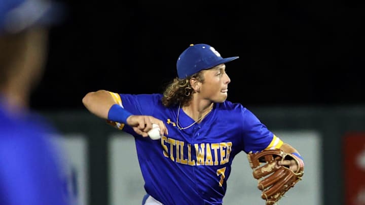 Ethan Holliday throws to first during the Class 6A State Baseball Tournament as Choctaw plays Stillwater on May 9, 2024; Norman, OK, [USA]; at Norman North HS. Mandatory Credit: Steve Sisney-The Oklahoman