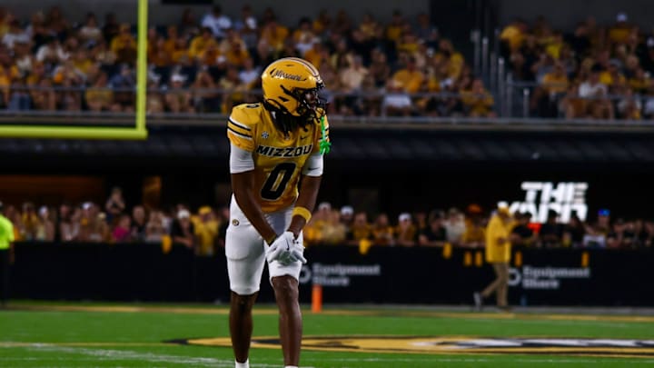 Sept 27, 2025; Columbia, Missouri, USA; Missouri Tigers wide receiver Joshua Manning Ines up for a play against UMass. 