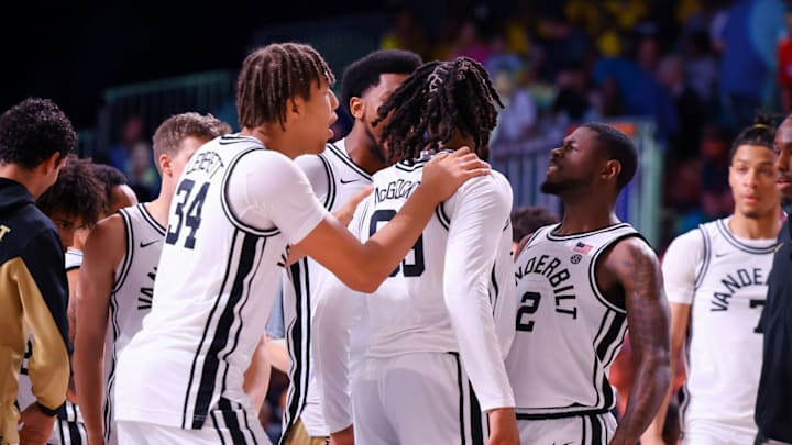 Vanderbilt basketball celebrates taking a big lead over Saint Mary's in the Battle 4 Atlantis Championship.