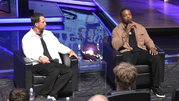 Adam Thielen and CJ Ham speak at their retirement press conference on March 19, 2026. 