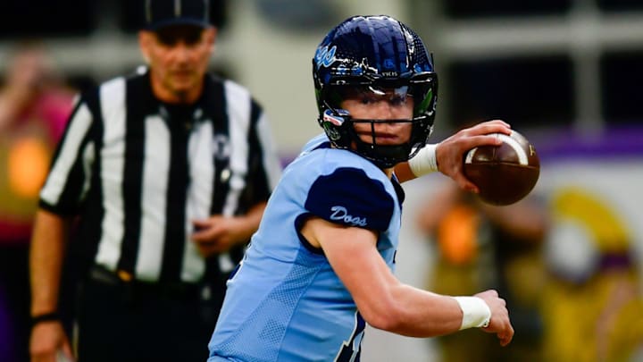 Becker football sophomore Tristan Kowalkowski throws the ball during the Minnesota Class 4A state championship against Totino-Grace on Nov. 22, 2024 at U.S. Bank Stadium in Minneapolis.