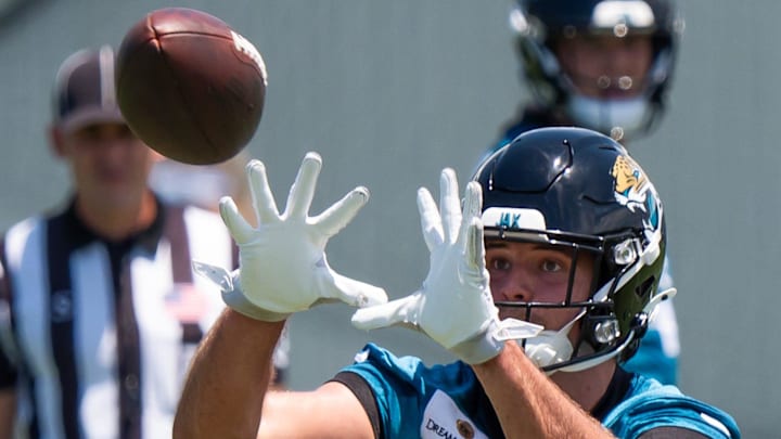 Jacksonville Jaguars tight end Patrick Herbert (47) hauls in a pass while running routes during the fourth organized team activity at the Miller Electric Center in Jacksonville, Fla. Tuesday, May 27, 2025. [Doug Engle/Florida Times-Union]