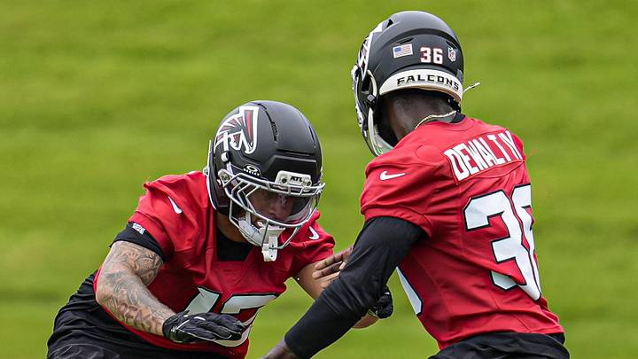 Jun 16, 2026; Atlanta, GA, USA; Atlanta Falcons cornerback Avian Terrell (12) takes part in a drill with cornerback Malcom Dewalt IV (36) during Minicamp. Mandatory Credit: Dale Zanine-Imagn Images