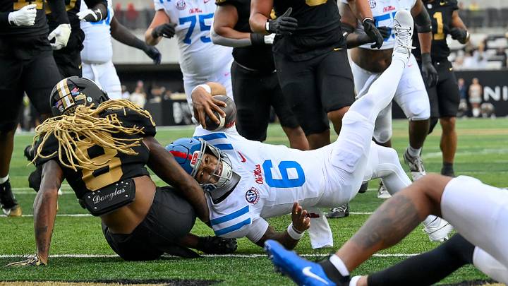 Oct 10, 2026; Nashville, Tennessee, USA; Mississippi Rebels quarterback Trinidad Chambliss (6) dives for the end zone against the Vanderbilt Commodores during the first half at FirstBank Stadium. Mandatory Credit: Steve Roberts-Imagn Images Oct 10, 2026; Nashville, Tennessee, USA; Mississippi Rebels quarterback Trinidad Chambliss (6) dives for the end zone against the Vanderbilt Commodores during the first half at FirstBank Stadium. Mandatory Credit: Steve Roberts-Imagn Images