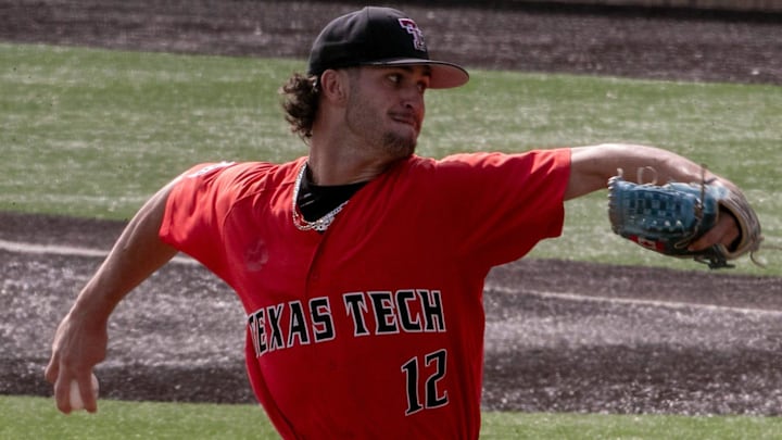 Tyler Boudreau pitches during the Texas Tech baseball red & black series, Friday, November 1, 2024, at Rip Griffin Park.