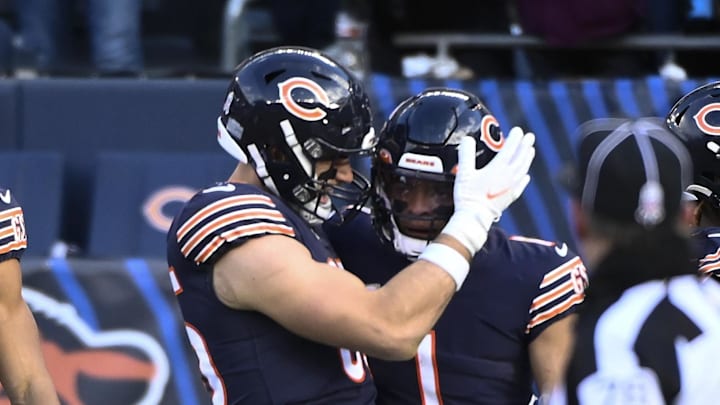 Nov 13, 2022; Chicago, Illinois, USA;  Chicago Bears quarterback Justin Fields (1) celebrates with