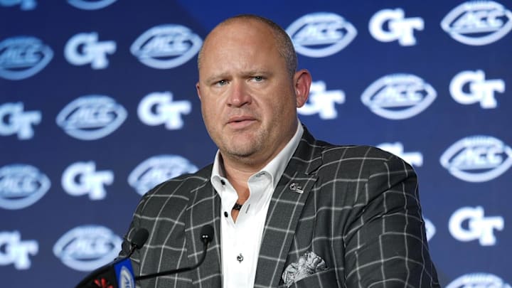 Jul 23, 2025; Charlotte, NC, USA; Georgia Tech Head Coach Brent Key answers questions from the media during ACC Media days at Hilton Charlotte Uptown. Mandatory Credit: Jim Dedmon-Imagn Images