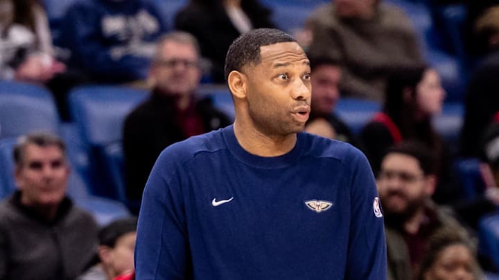 Dec 12, 2024; New Orleans, Louisiana, USA; New Orleans Pelicans head coach Willie Green reacts to a play against the Sacramento Kings during the first half at Smoothie King Center. Mandatory Credit: Stephen Lew-Imagn Images