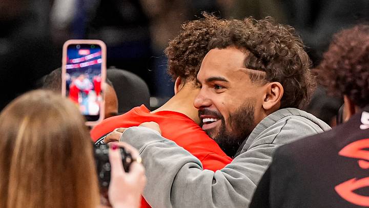 Feb 24, 2026; Atlanta, Georgia, USA; Washington Wizards guard Trae Young (3) reacts with Atlanta Hawks guard Dyson Daniels (5) after the game at State Farm Arena. Mandatory Credit: Dale Zanine-Imagn Images Feb 24, 2026; Atlanta, Georgia, USA; Washington Wizards guard Trae Young (3) reacts with Atlanta Hawks guard Dyson Daniels (5) after the game at State Farm Arena. Mandatory Credit: Dale Zanine-Imagn Images