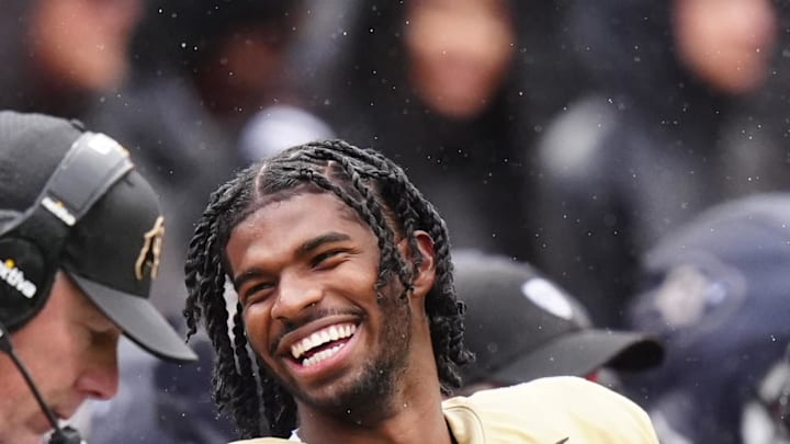 Apr 27, 2024; Boulder, CO, USA; Colorado Buffaloes quarterback Shedeur Sanders (2) reacts during a