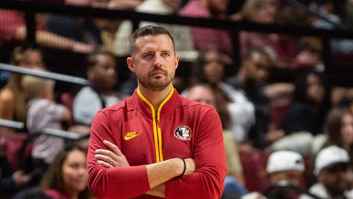 Florida State Seminoles head coach Luke Loucks watches from the sideline. The Florida State Seminoles lead the LSU Tigers 38-31 at the half of an exhibition game held in the Tucker Civic Center on Saturday, Oct. 24, 2026. Florida State Seminoles head coach Luke Loucks watches from the sideline. The Florida State Seminoles lead the LSU Tigers 38-31 at the half of an exhibition game held in the Tucker Civic Center on Saturday, Oct. 24, 2026.