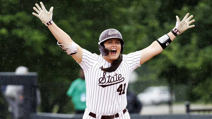 Mississippi State's Taylor Troutman celebrates her game-winning, infield single to keep the Bulldogs alive in the 2026 SEC Softball Tournament. 
