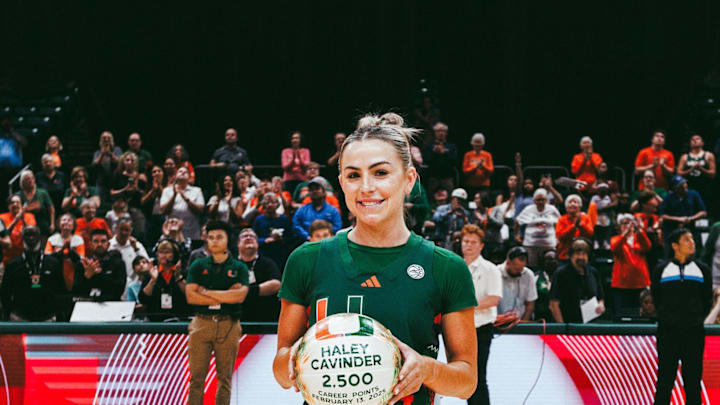 Haley Cavinder celebrating the her career achievement of 2500 points before the game against FSU. Haley Cavinder celebrating the her career achievement of 2500 points before the game against FSU.