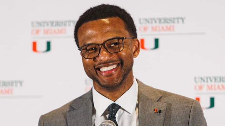 Jai Lucas during his introductory press conference as the Miami Hurricanes Head Coach.