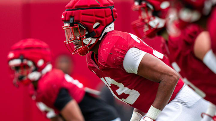 Inside linebacker Javin Wright takes part in a Nebraska football practice on Aug. 6, 2024.