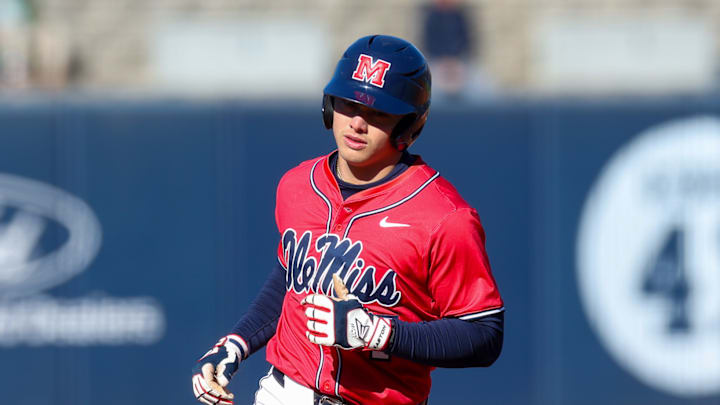 Ole Miss INF Luke Hill trots around the bases after hitting a home run in the fourth inning of the Rebels' game against Eastern Kentucky on Feb. 22, 2025.