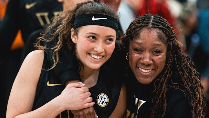 Vanderbilt women's basketball freshman Aubrey Galvan celebrates win over No. 8 Michigan.