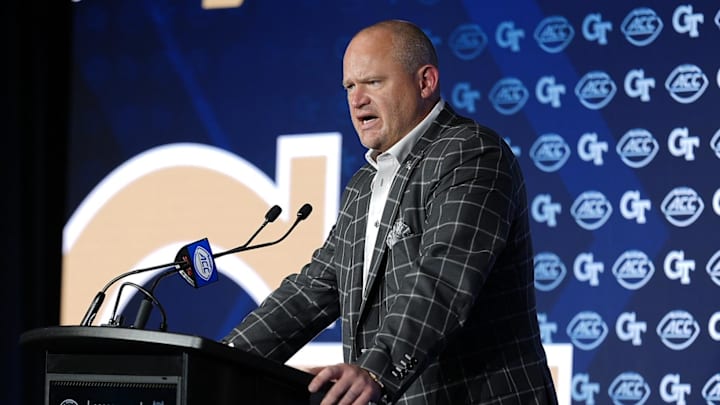 Jul 23, 2025; Charlotte, NC, USA; Georgia Tech Head Coach Brent Key answers questions from the media during ACC Media days at Hilton Charlotte Uptown. Mandatory Credit: Jim Dedmon-Imagn Images Jul 23, 2025; Charlotte, NC, USA; Georgia Tech Head Coach Brent Key answers questions from the media during ACC Media days at Hilton Charlotte Uptown. Mandatory Credit: Jim Dedmon-Imagn Images