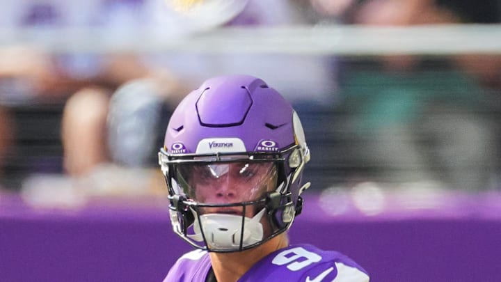 Aug 10, 2024; Minneapolis, Minnesota, USA; Minnesota Vikings quarterback J.J. McCarthy (9) drops back to pass against the Las Vegas Raiders in the third quarter at U.S. Bank Stadium. Mandatory Credit: Brad Rempel-Imagn Images